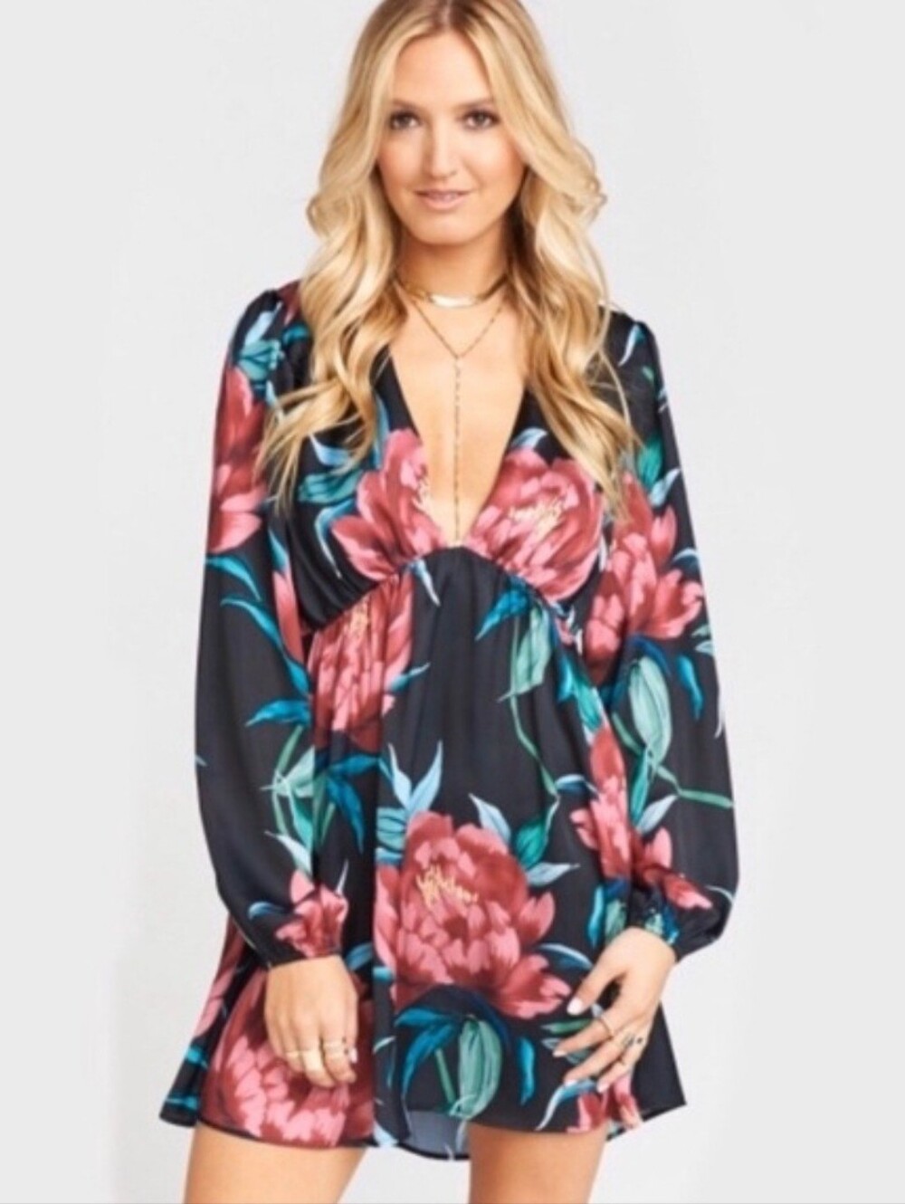 Show me your Mumu MED floral satin babydoll mini dress dark romantic plunge Y2K